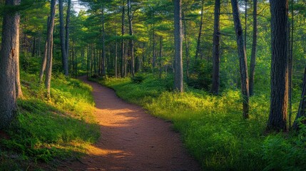 Obraz premium Sunlit Forest Path Winding Through Lush Green Trees