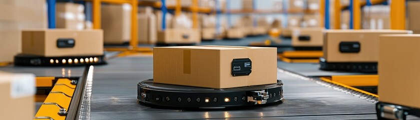 A modern warehouse scene showing automated conveyor systems transporting boxes for efficient logistics and distribution.