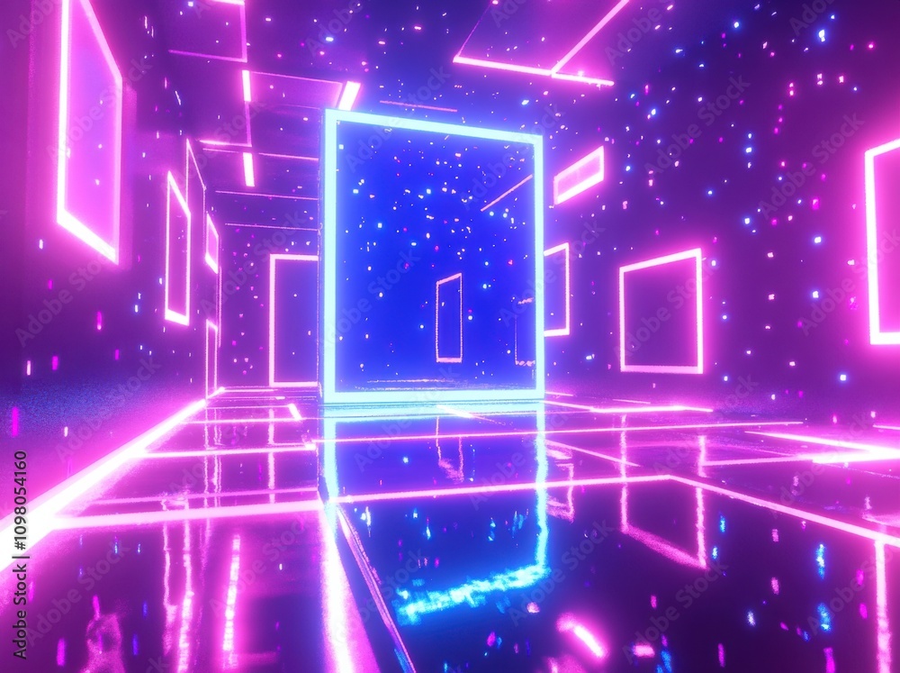 Poster a 3d render featuring glowing lines forming a tunnel with neon lights, set in a virtual reality envi