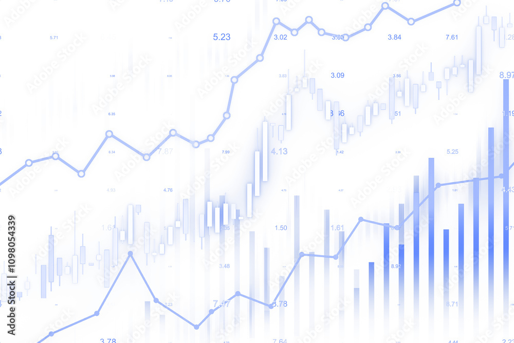 Aufkleber Abstract chart with blue data lines and bar graphs on a white background, highlighting financial progress and statistical growth concepts. 3D Rendering.