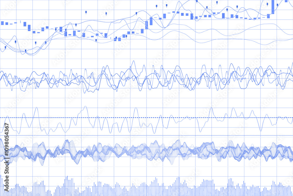 Poster Abstract financial chart displaying data lines, grids, and waveforms in blue tones on white background, conveying business technology concepts. 3D Rendering.