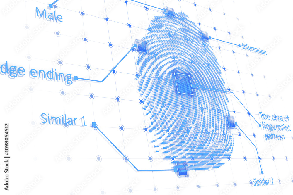 Poster digital fingerprint blueprint with holographic blue lines, labels, and data points connected, isolat