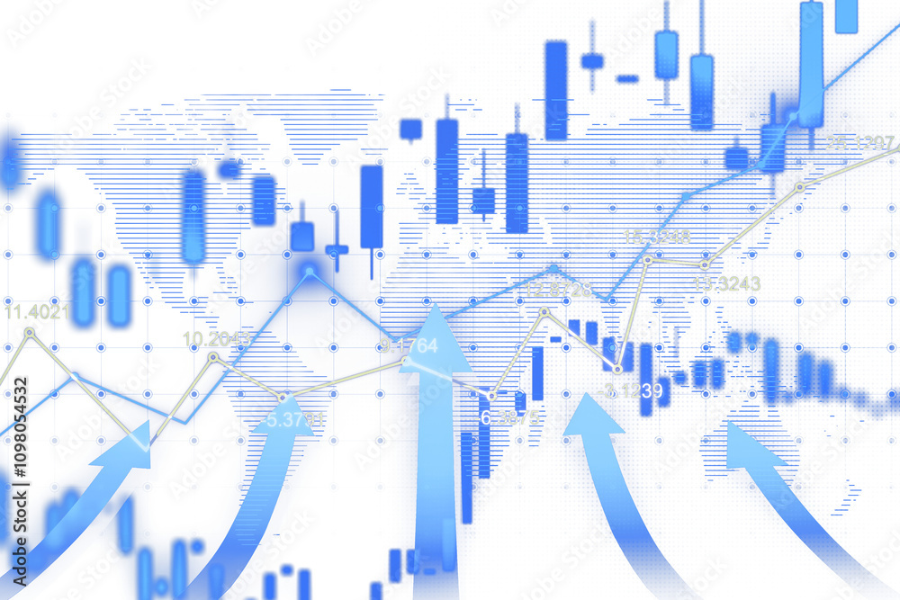 Poster Abstract financial chart with blue arrows, candlestick patterns, and a global map background, representing business growth and technology. 3D Rendering.