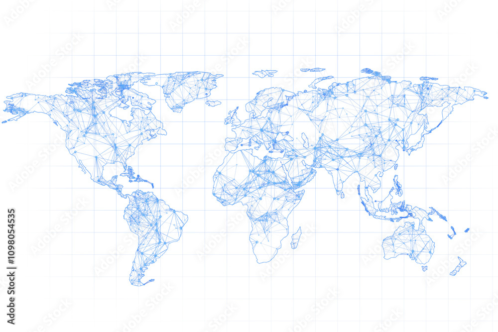 Aufkleber Abstract digital world map with blue connecting lines and nodes, on a white grid background. Concept of global network and technology. 3D Rendering.