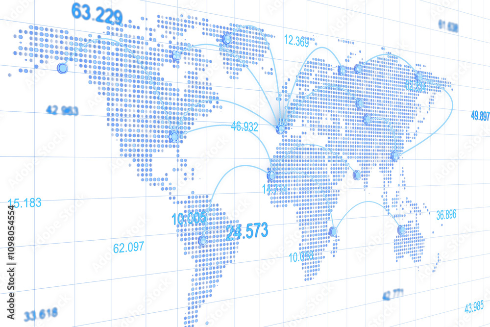 Leinwandbilder digital world map with blue dots, connection lines, and numerical data on a white grid background, r