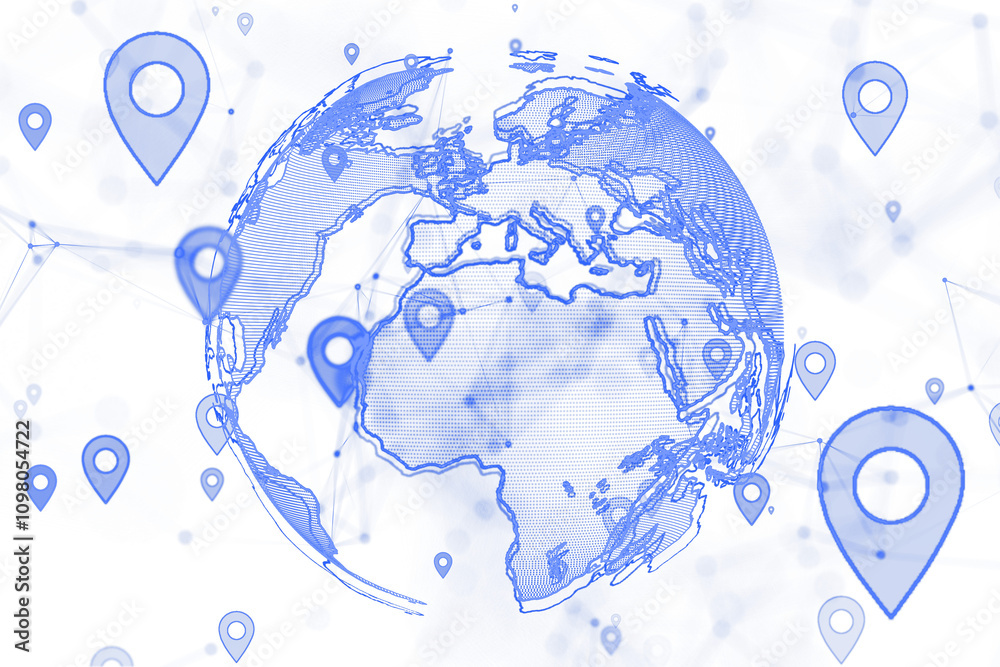Poster A digital globe with blue location markers connected by lines, holographic style, on a white background. Concept of technology and networking. 3D Rendering.