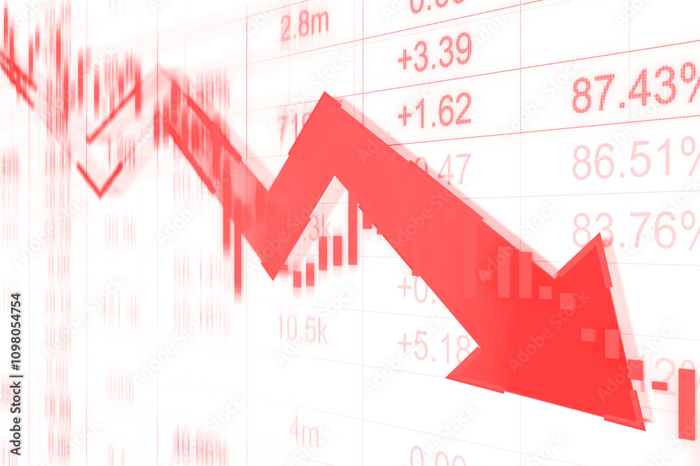 Poster red arrow pointing downward, financial data in the background, transparent layout, white backdrop, c