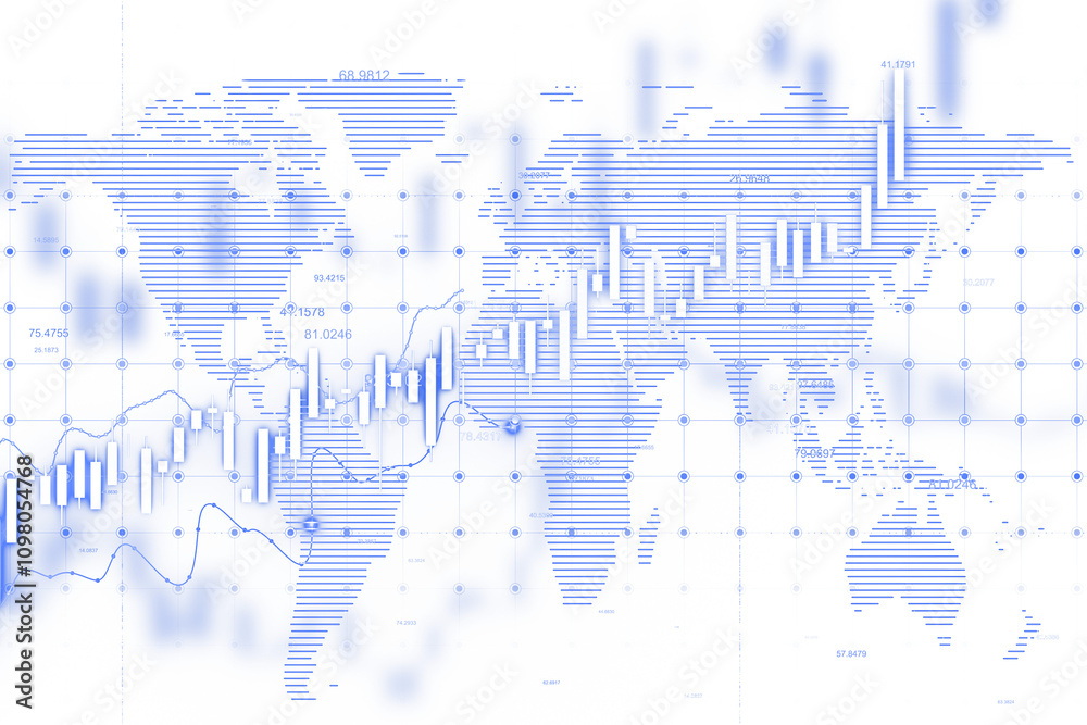 Poster abstract world map with blue financial chart elements, data overlays, and gridlines on a white backg