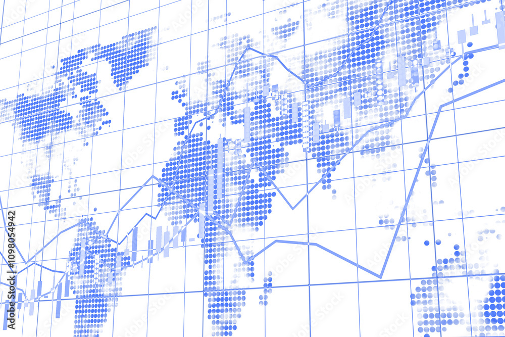 Poster Abstract digital world map in blue dot style with stock market graphs and data overlays on a white background, concept of technology. 3D Rendering.