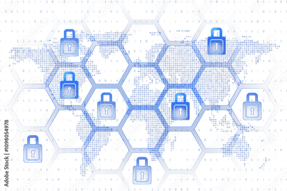 Aufkleber Padlock icons in blue hexagonal grid overlaying a world map, binary code in background, clean layout. Concept of digital security. 3D Rendering.