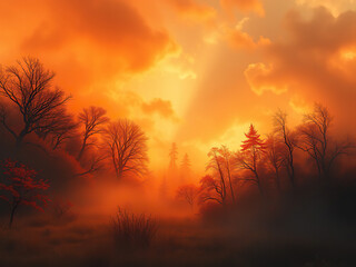 Obraz premium Spooky autumn background with an intense orange and black watercolour gradient dominating the scene, gothic style, orange black watercolour gradient, mysterious ambiance.