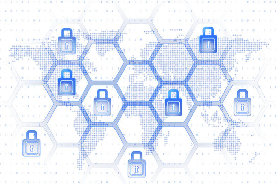 Padlock icons in blue hexagonal grid overlaying a world map, binary code in background, clean layout. Concept of digital security. 3D Rendering.