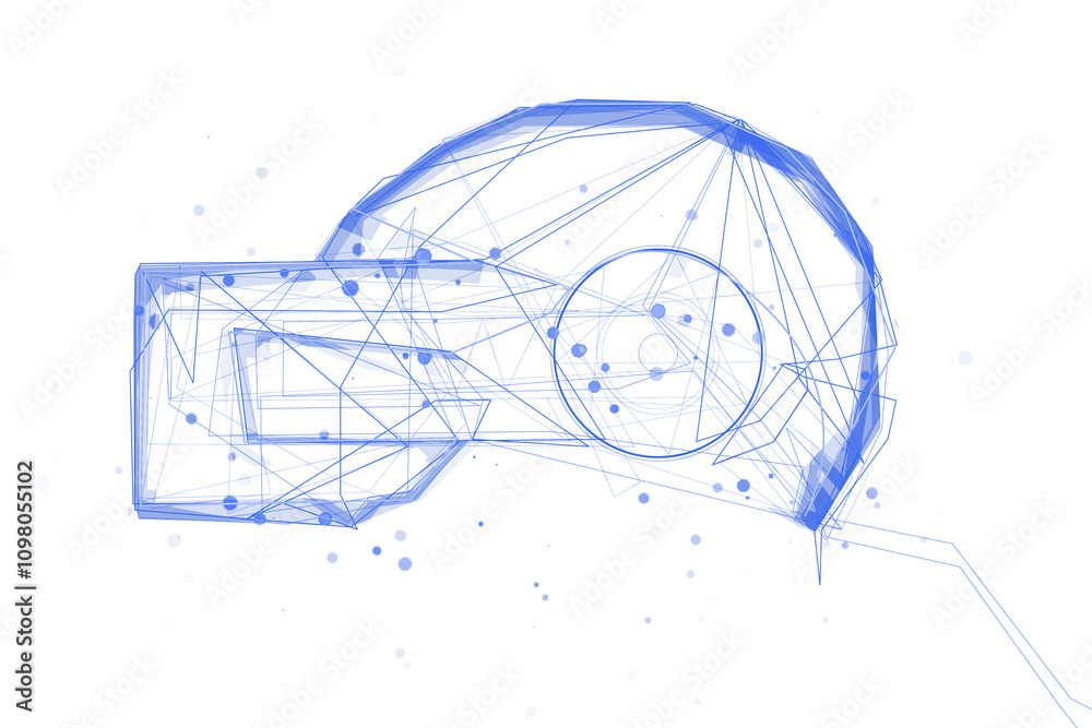 Poster Abstract VR headset design in blue outlined lines with a clean white background, futuristic concept of virtual reality technology visualization. 3D Rendering.