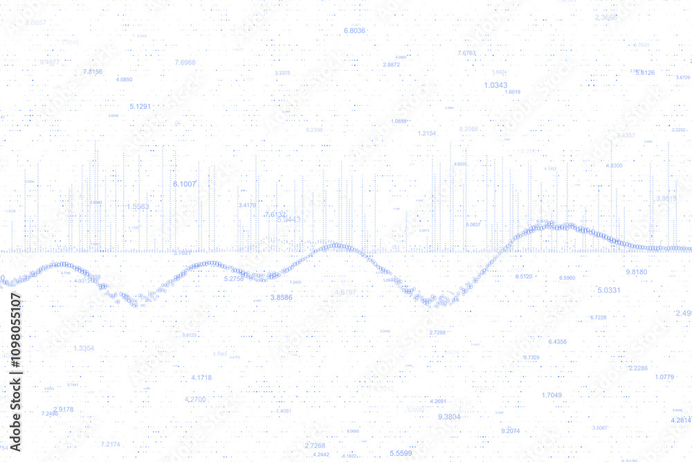 Poster Abstract design showing wavy lines and scattered numerical values in a clean, minimalistic style on a white background, signifying data flow. 3D Rendering.