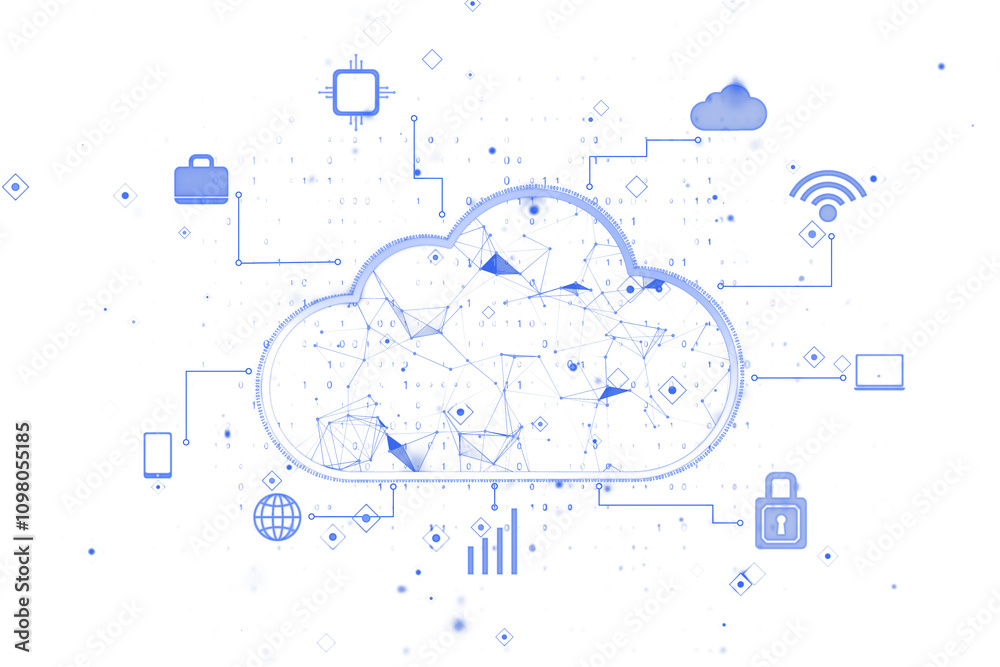 Poster cloud graphic with digital icons, blue wireframe connections, white background. technology, data sto