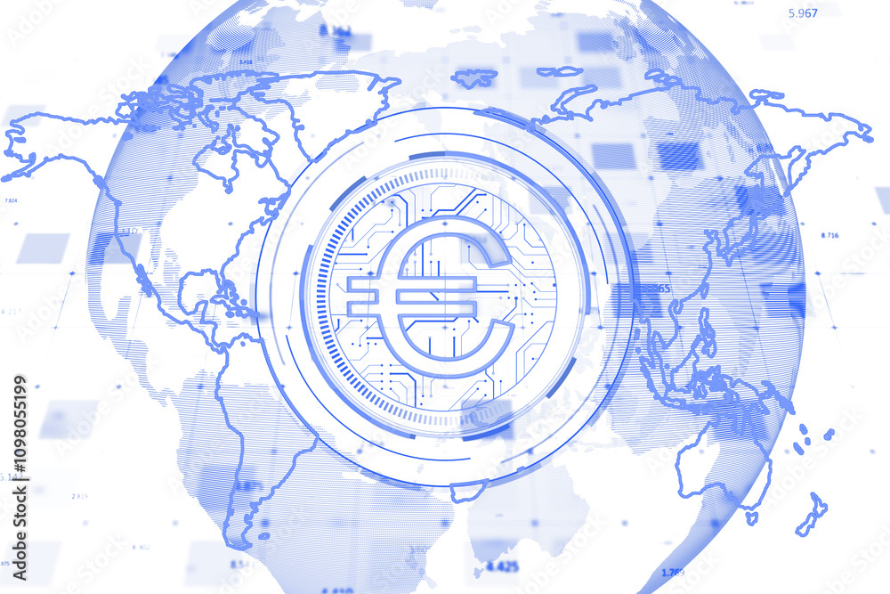 Poster digital euro symbol with holographic circuitry and world map in blue tones on a white background, re