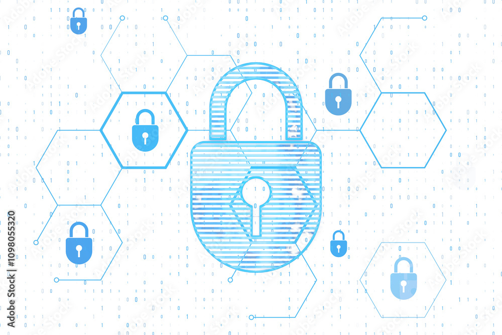 Poster Blue digital lock with hexagonal networks on white background, representing cybersecurity, data protection, and online security concepts. 3D Rendering.
