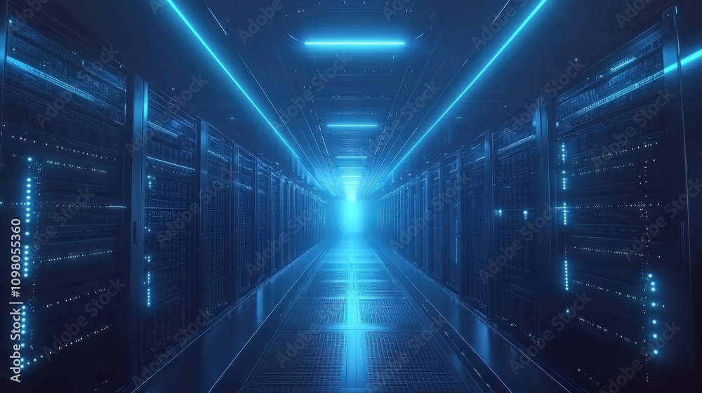 Poster a corridor view of a data center bustling with activity, showcasing rows of rack servers and superco