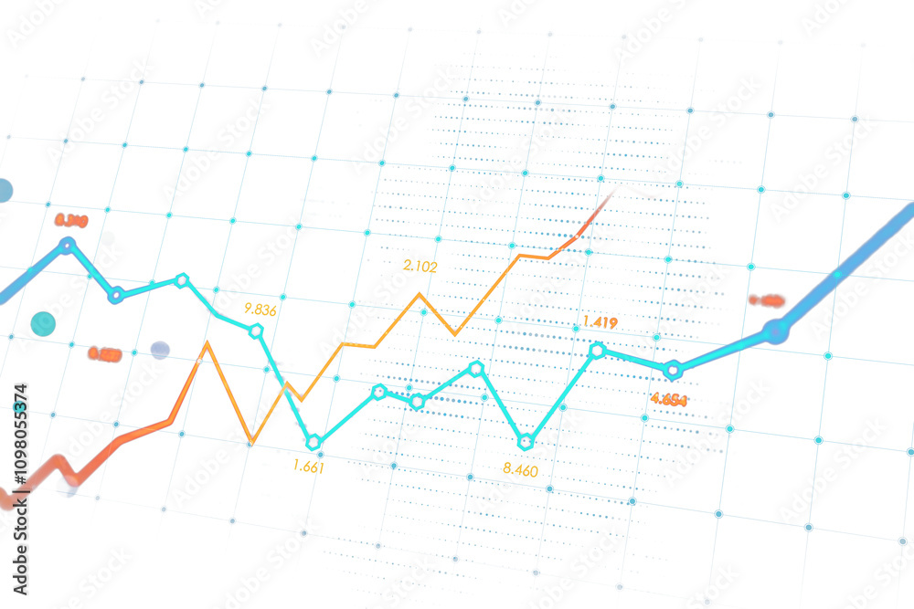 Poster Data graph in orange and blue with numbers and grid lines, isolated on a white background, concept of analytics, business, technology. 3D Rendering.