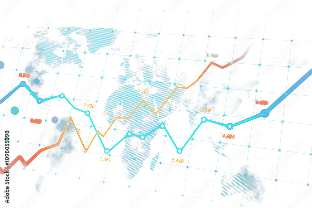 Poster Abstract financial graph with orange and blue lines, global map elements, and data points. Modern digital design concept on white background. 3D Rendering.