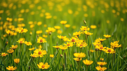 Fototapeta premium Sunlit yellow buttercup flowers in a field of grass, spring, meadow, natural, outdoors