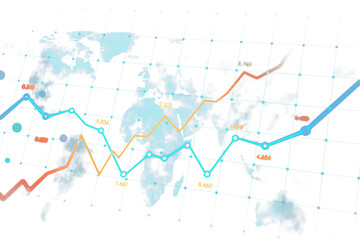 Obraz premium Abstract financial graph with orange and blue lines, global map elements, and data points. Modern digital design concept on white background. 3D Rendering.