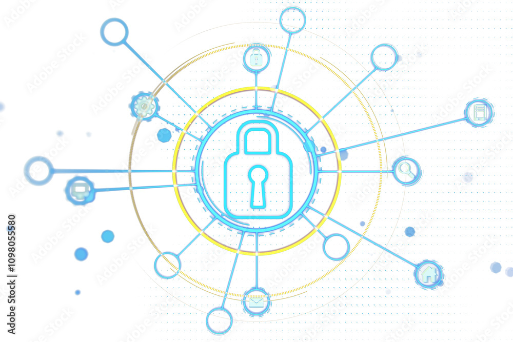 Poster Digital lock icon with neon holographic connections, futuristic elements, white background, concept of virtual security and technology. 3D Rendering.