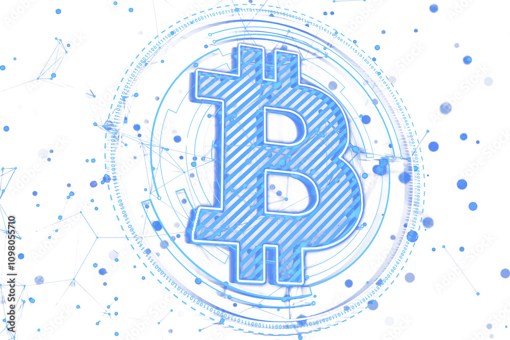 Poster bitcoin symbol in neon blue hologram style with abstract digital lines, dots, and futuristic design 