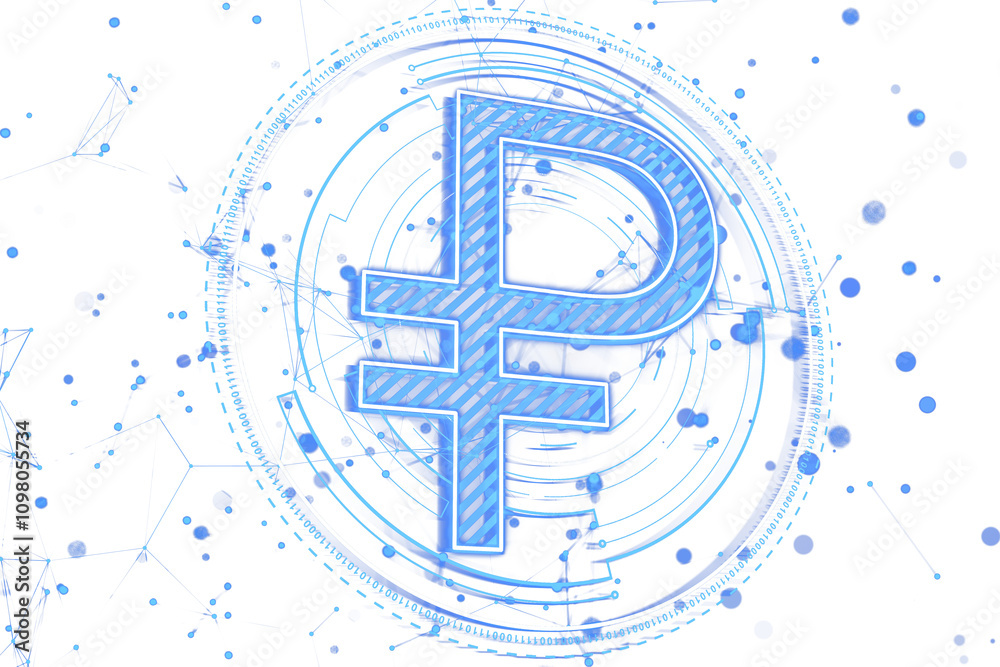 Poster blue holographic ruble symbol surrounded by abstract futuristic lines, dots, and digital elements on