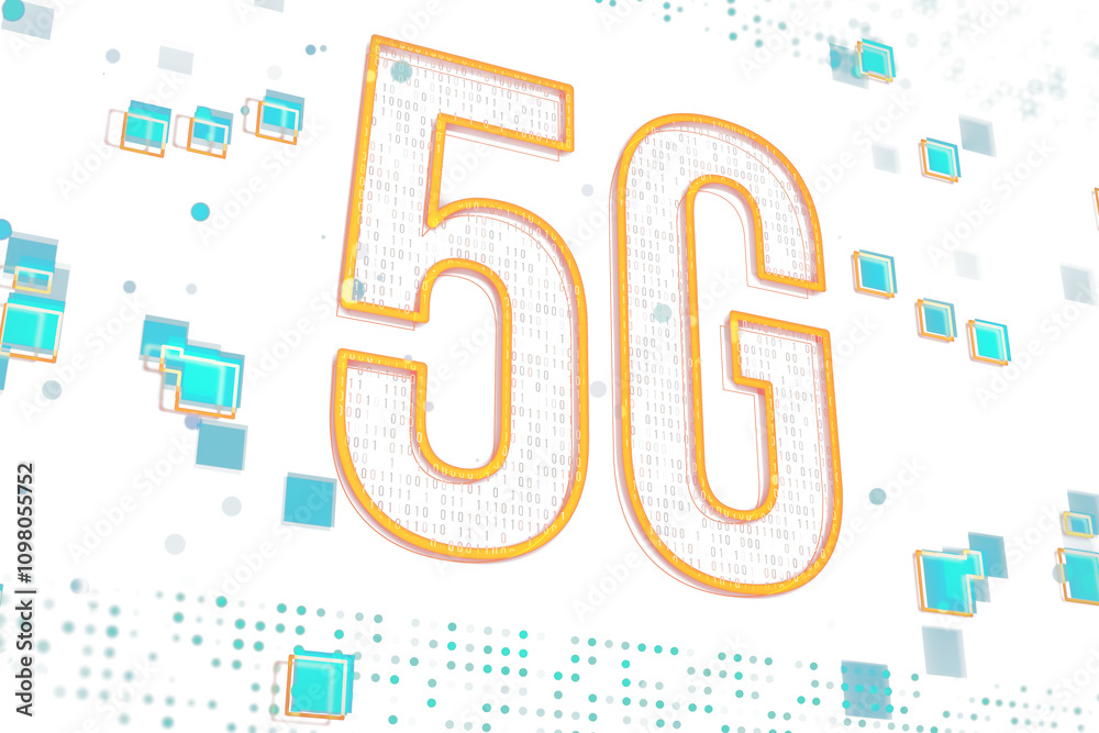 Poster 5G graphic with bright orange outline, binary code texture, and digital square elements on white background. Concept of technology. 3D Rendering.