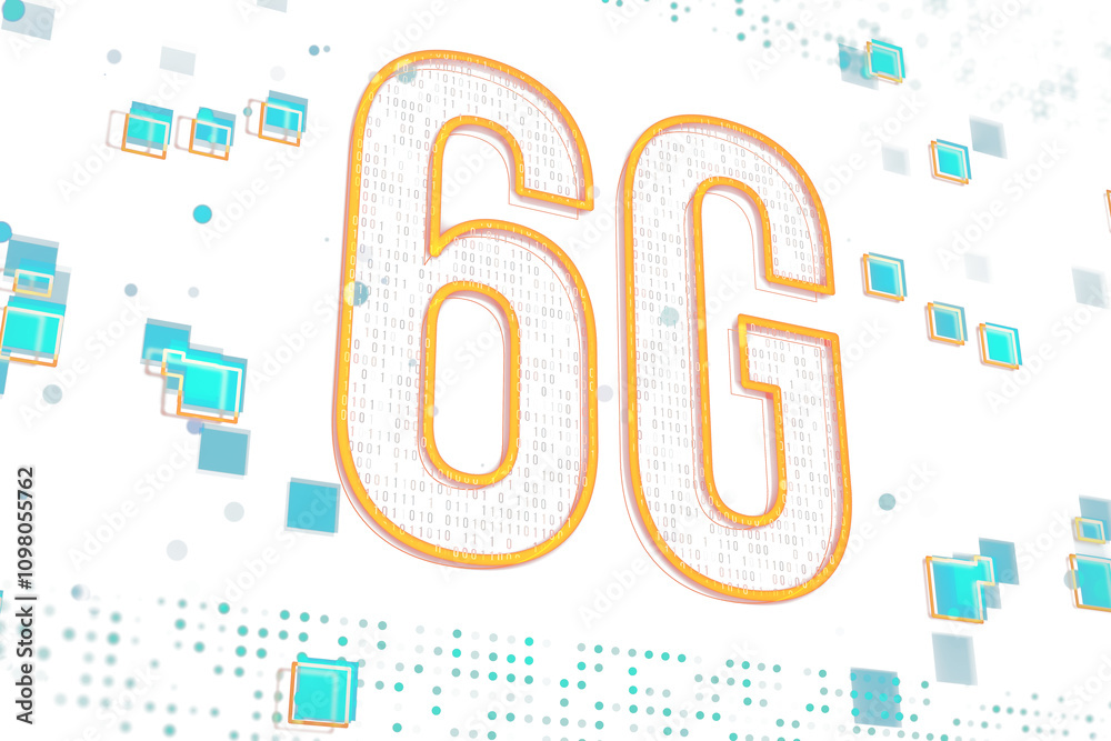 Poster 6g technology concept, digital binary code in orange-outline typography, abstract blue geometric ele