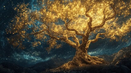 luminous tree with golden leaves against a starry sky.