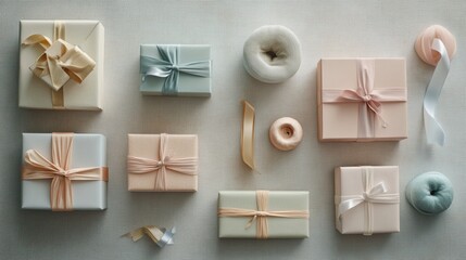 Fototapeta premium Handcrafted gift boxes in shades of pastel, adorned with delicate ribbons, arranged neatly on a soft textured surface for festive celebrations. Generative AI
