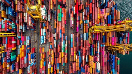 Vibrant Container Ship Aerial View, large vessel adorned with colorful containers, cranes poised above, set against a vast ocean, symbolizing global trade and maritime activity