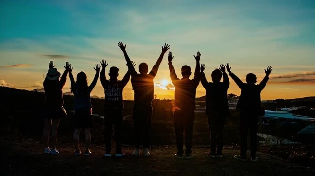 Group of people standing together at sunset, raising their hands in unison, symbolizing teamwork and shared purpose under the concept of team spirit footage