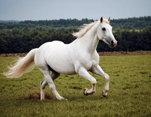 Fototapeta premium Beautiful white horse rapidly runs around the field.