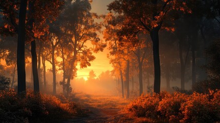Misty autumn forest sunrise.