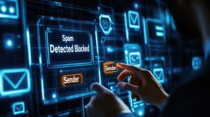 Fototapeta premium Businessman touching a high-tech interface with glowing 