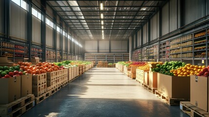 Sunlit warehouse with produce.