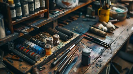 Cluttered yet inspiring artist's workspace filled with paint, brushes and various art supplies.