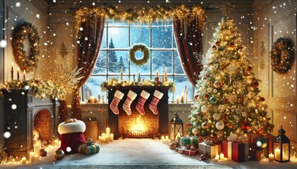 Fototapeta premium Christmas tree illuminating cozy living room with fireplace and falling snow