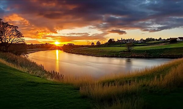 River Aln at Sunset: A Panoramic View of Northumberland, Featuring Alnwick Town and Castle on the Horizon
