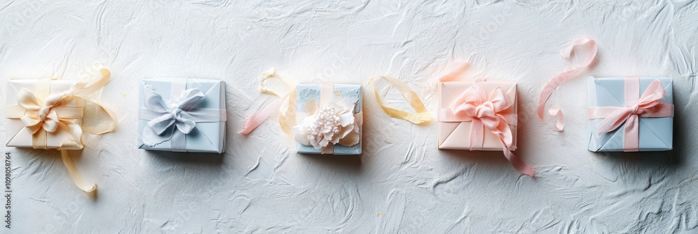 Aufkleber five beautifully crafted paper gift boxes in soft pastels are tied with elegant ribbons, showcasing 