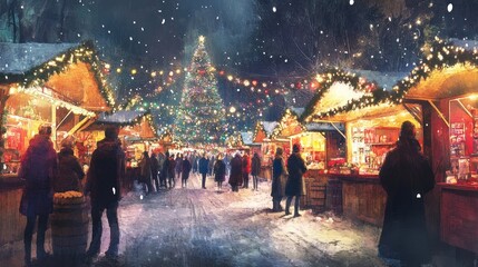 Obraz premium Festive Christmas market at night.