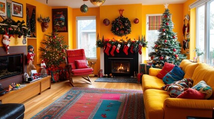 Festive yellow living room Christmas decor.