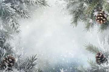 Christmas Border with Frosted Fir Branches, Pinecones, and Snowflakes for Banners and Greetings