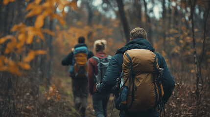 Naklejka premium Group of hikers exploring a forest trail during autumn