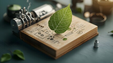 Sustainable learning materials for green business training featuring recycled paper textbooks with natural leaf diagrams soy based ink typography and rustic woodgrain accents
