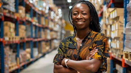 Smiling Woman in Casual Dress Standing with Arms Crossed in an E-Commerce Warehouse, Looking Directly into the Camera, Surrounded by Shelves Filled with Boxes