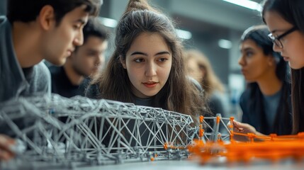 Engaged students collaborating on engineering project, examining intricate model designs, focused expressions on their faces, teamwork in action, innovative learning environment